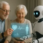 Senior couple using AI in senior care devices at home, including a wearable health monitor and a companion robot, with holographic health data indicators, illustrating predictive and personalized support for safety and independence.