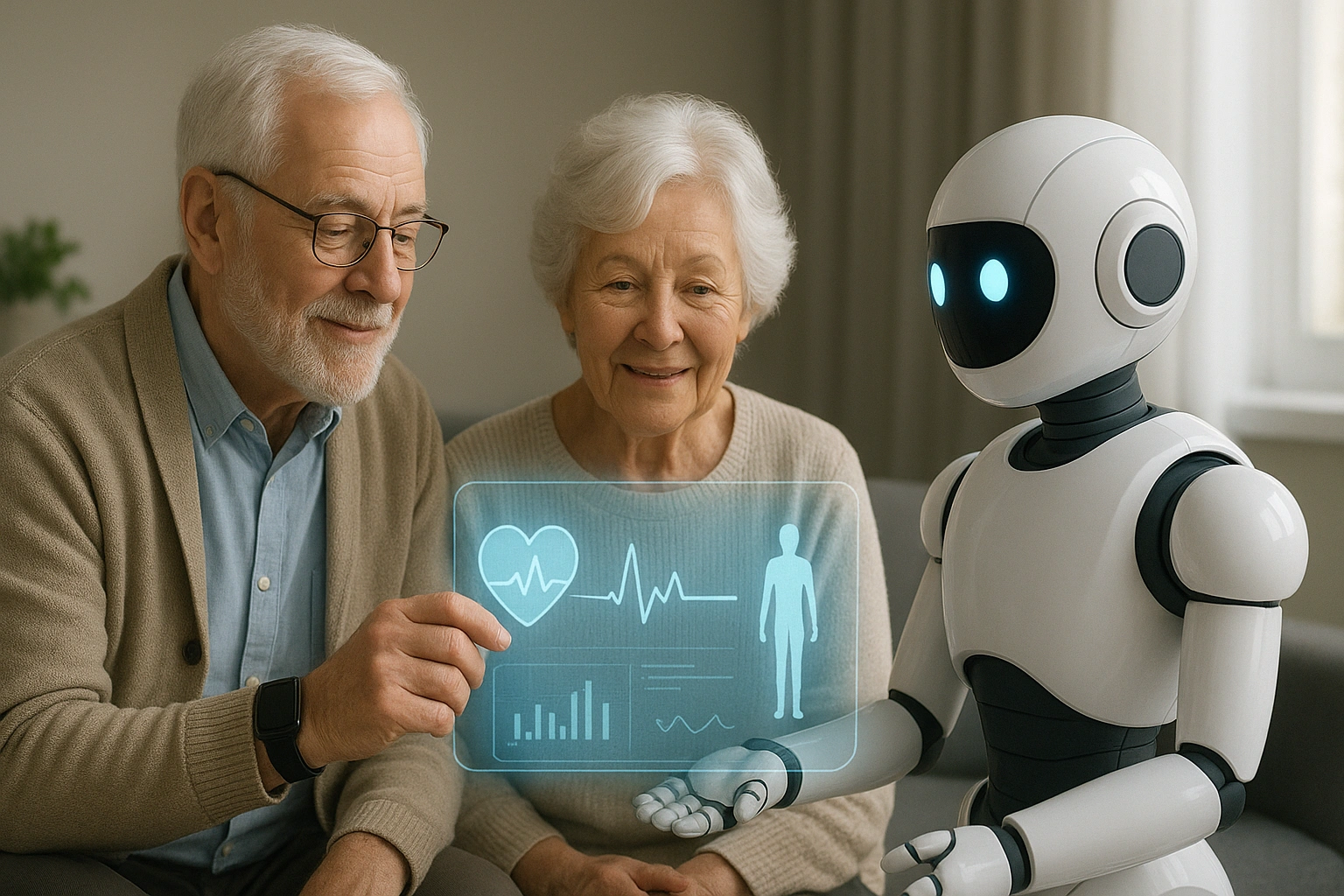 Senior couple using AI in senior care devices at home, including a wearable health monitor and a companion robot, with holographic health data indicators, illustrating predictive and personalized support for safety and independence.