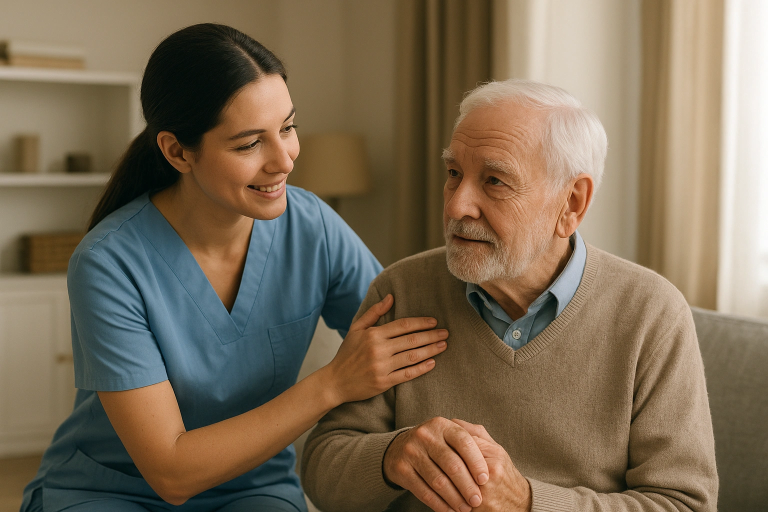 An elderly person receiving attentive care at home from a professional caregiver, representing elderly home care assisted. The image conveys comfort, safety, and independence in a warm, welcoming environment, with subtle elements of assisted living in the background.