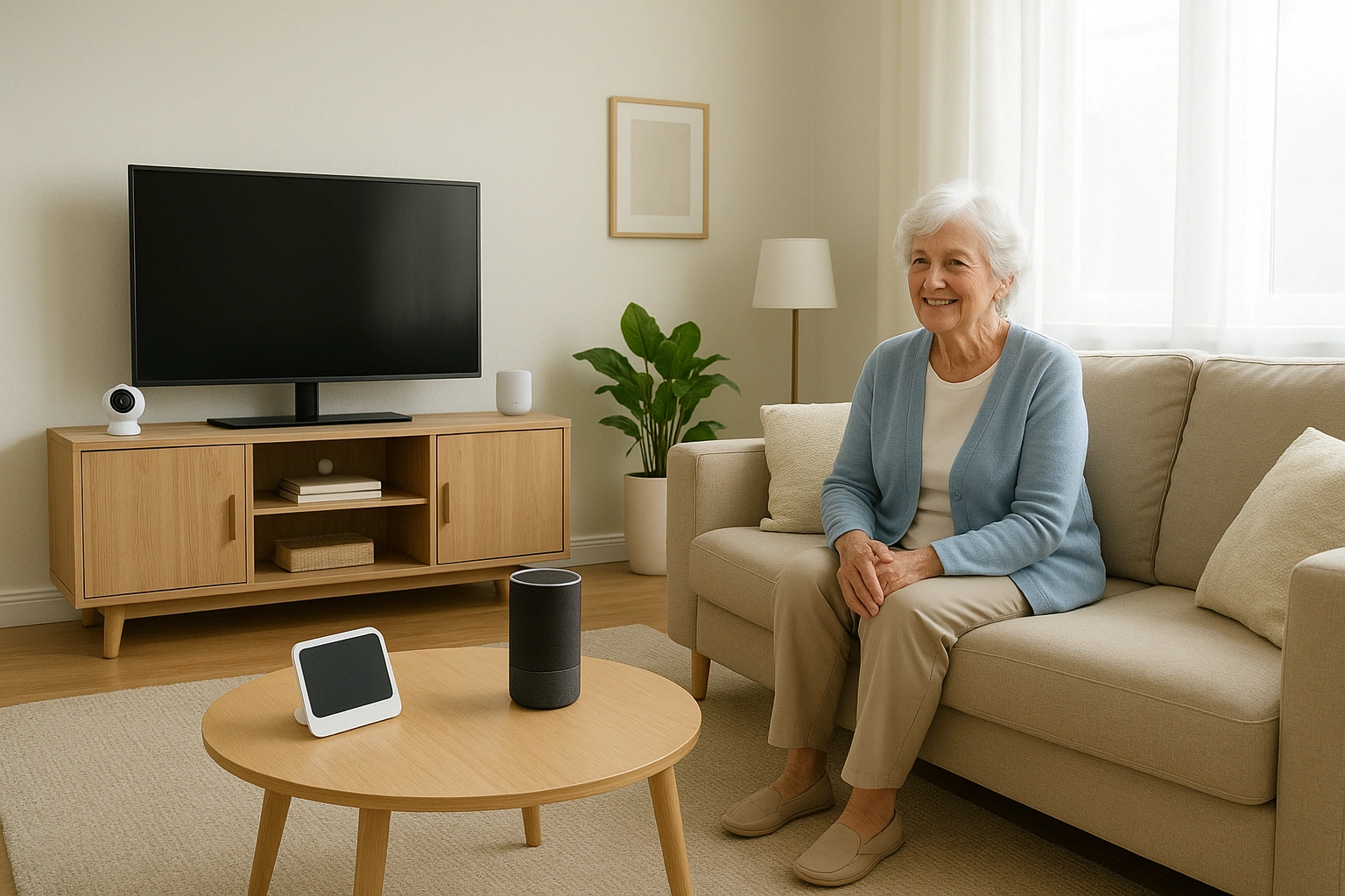 A bright, modern living room with subtle smart home devices, creating a safe environment for an older adult.