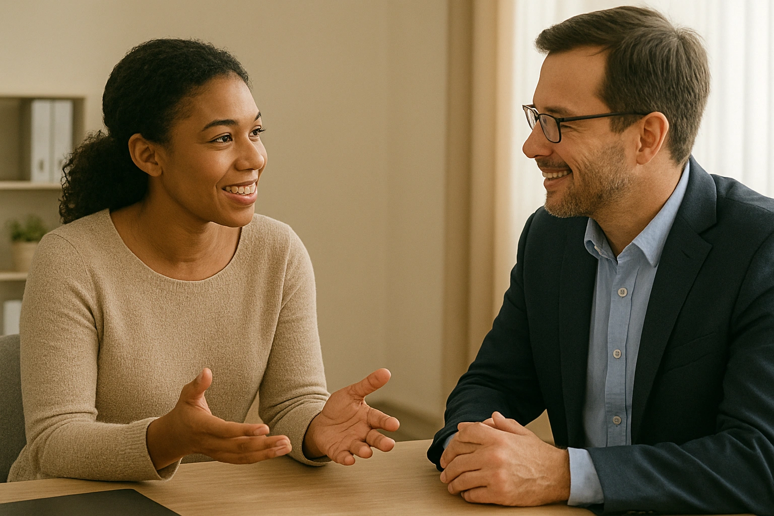 A caregiver having a positive, professional conversation with their manager, a key work life balance tip for caregivers.