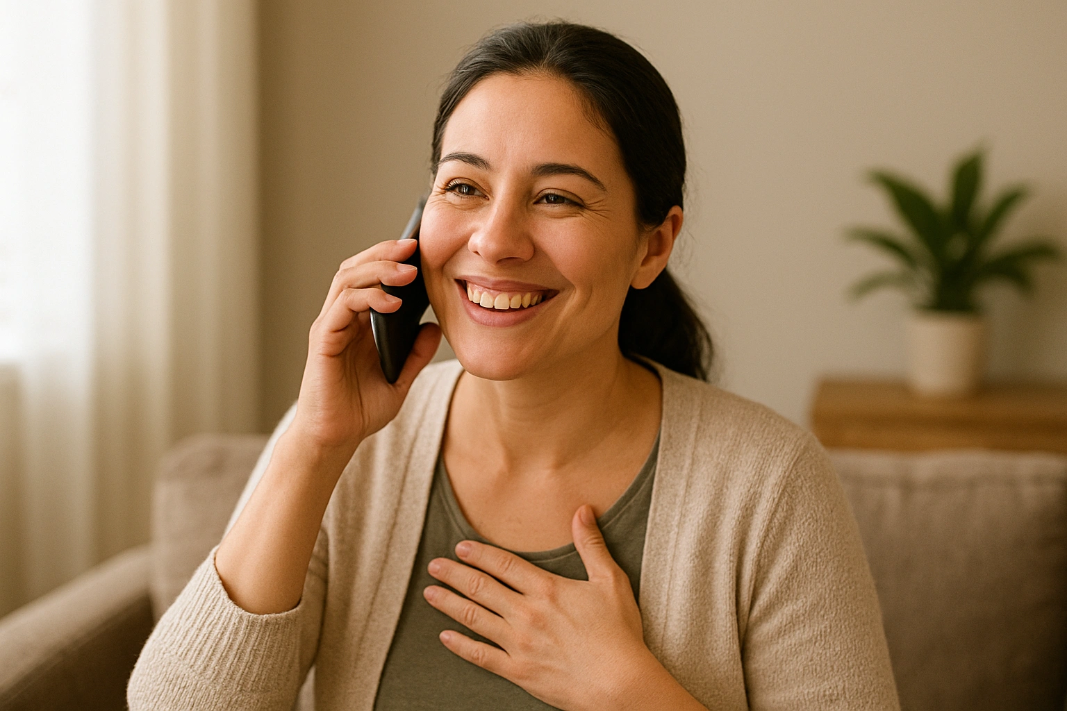 A caregiver on the phone looking relieved, having found affordable caregiving tools and support. affordable caregiver support