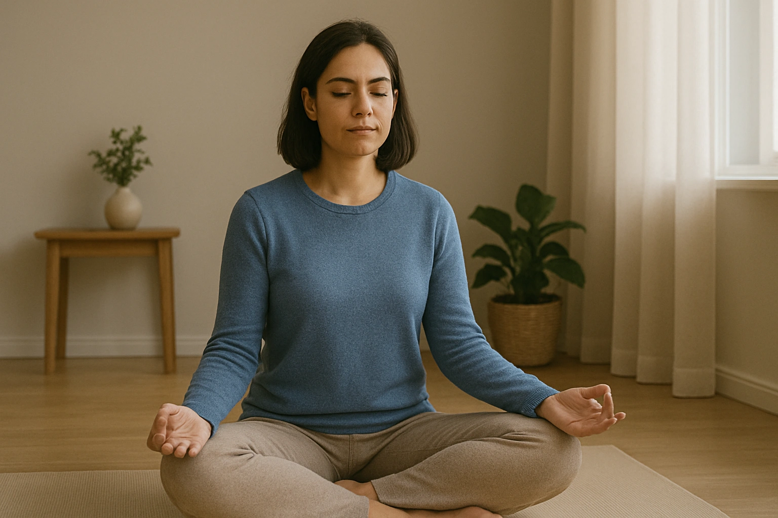 A caregiver practicing meditation in a quiet space, a key caregiving stress management technique.