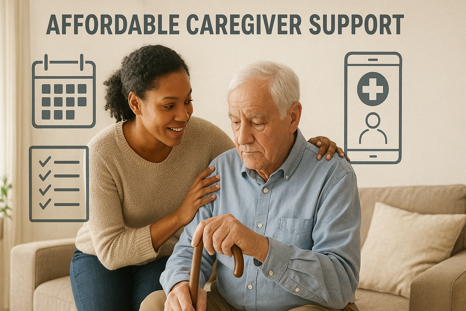 A caregiver providing assistance to an elderly person at home, with visual elements representing affordable caregiver support such as calendars, checklists, and mobile apps for guidance and help.