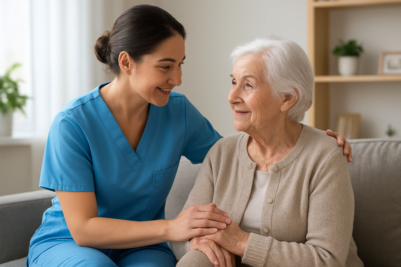 A caregiver providing compassionate senior caregiving support to an elderly person at home.