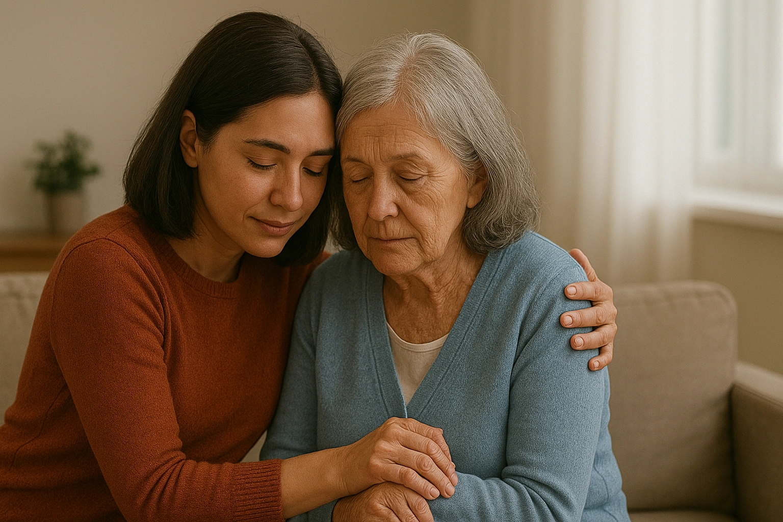 A caregiver supporting an elderly family member at home, illustrating caregiver support tips and the importance of compassion, resilience, and a strong support network.