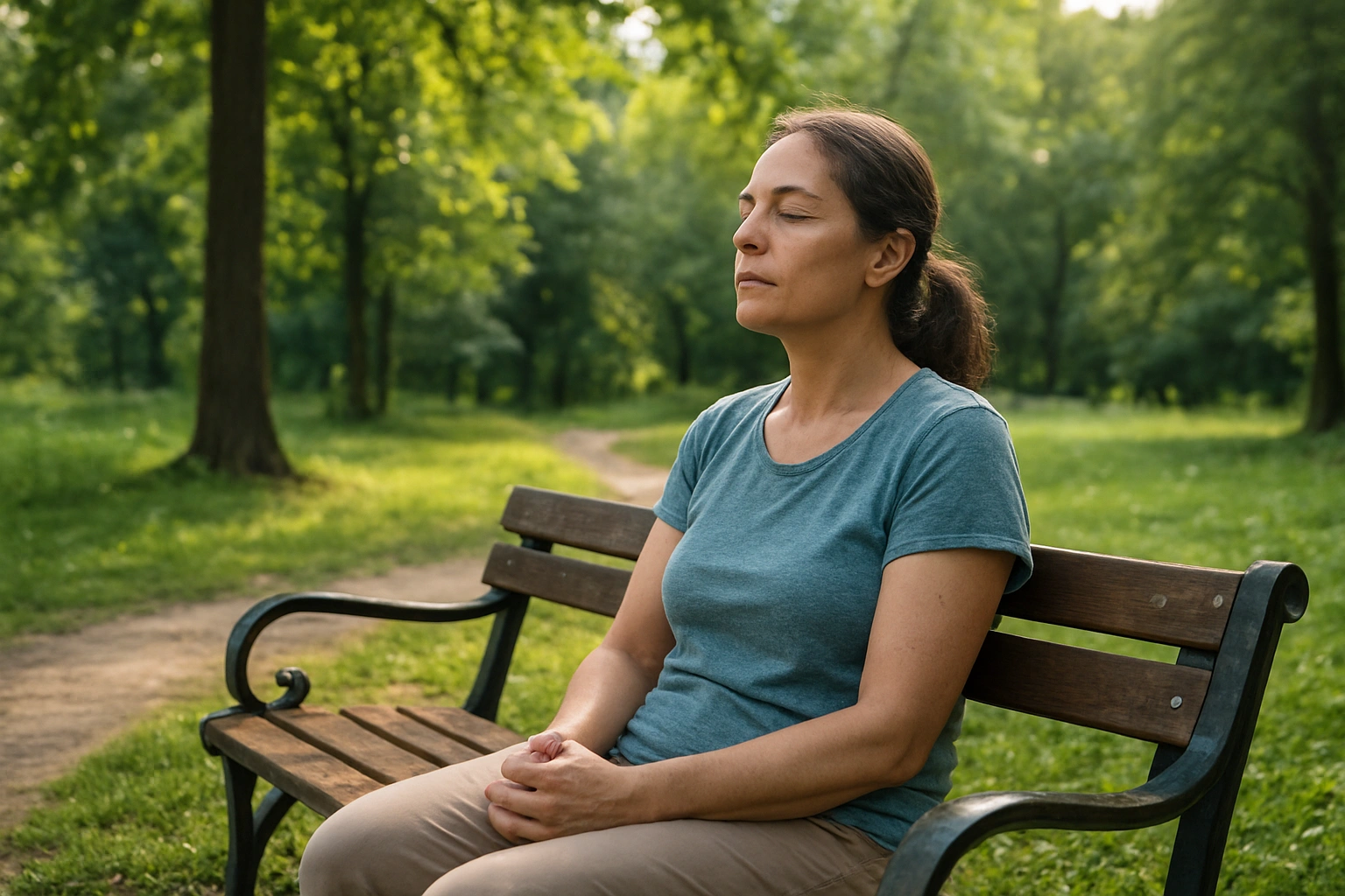 A caregiver taking a moment for themselves, sitting on a park bench and enjoying nature, a crucial piece of family caregiving advice.