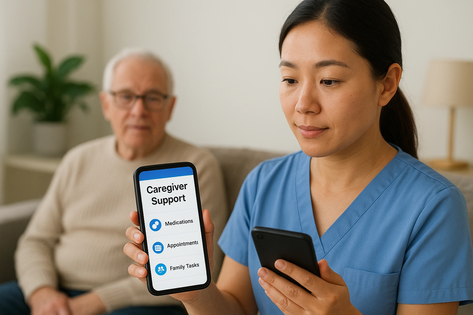 A caregiver using a smartphone with caregiver support apps to track medications, appointments, and family tasks while ensuring the safety and well-being of an elderly loved one.