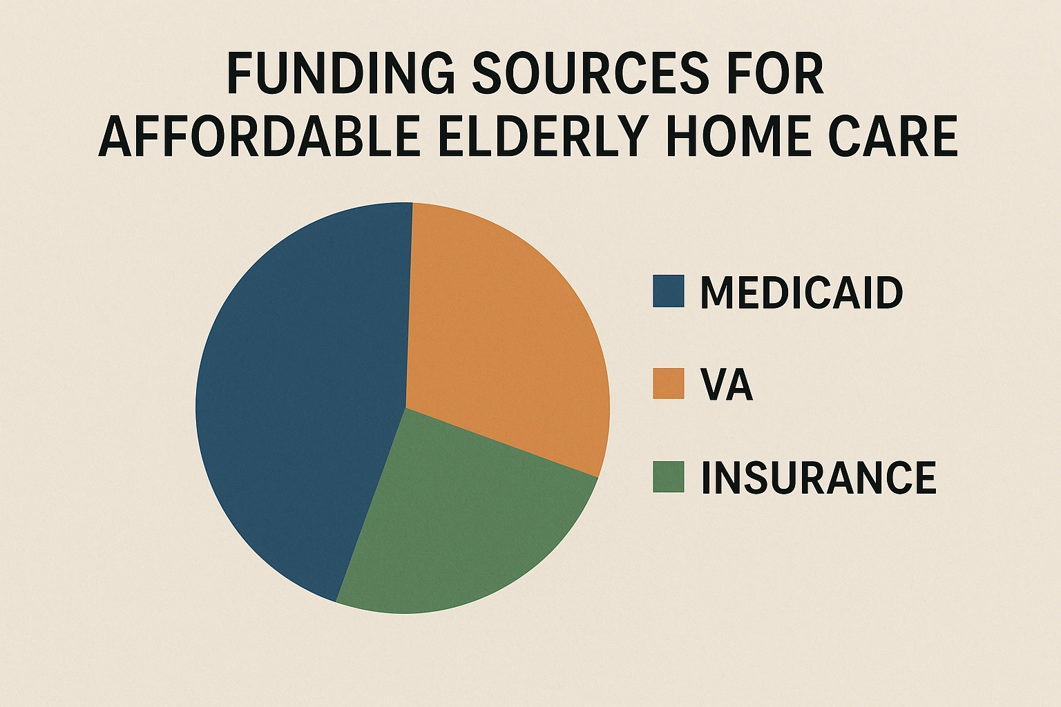 A chart showing different funding sources for affordable elderly home care, including Medicaid, VA, and insurance.