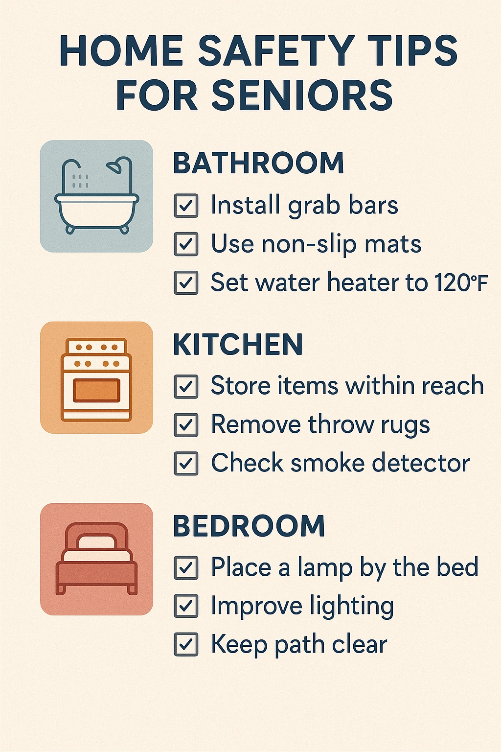 A checklist graphic detailing home safety tips for seniors in the bathroom, kitchen, and bedroom.