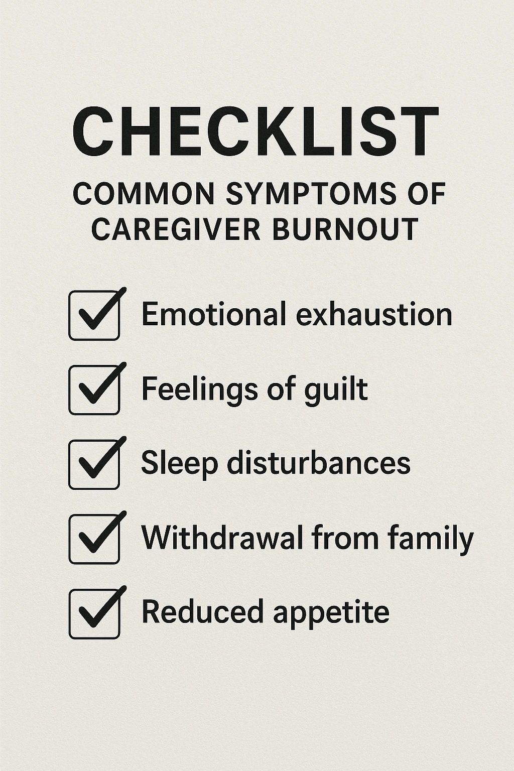 A checklist graphic showing common symptoms of caregiver burnout, a tool to prevent caregiver burnout.