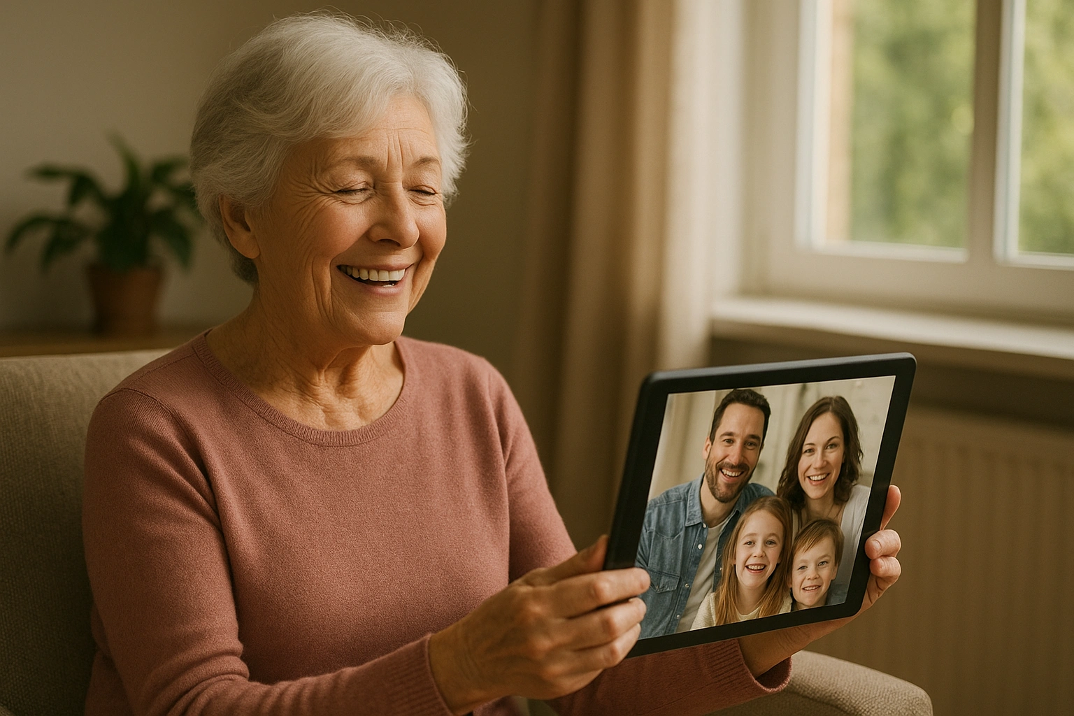A cheerful senior woman enjoying a video call with her family on a tablet, showcasing a key mental health tip for seniors.
