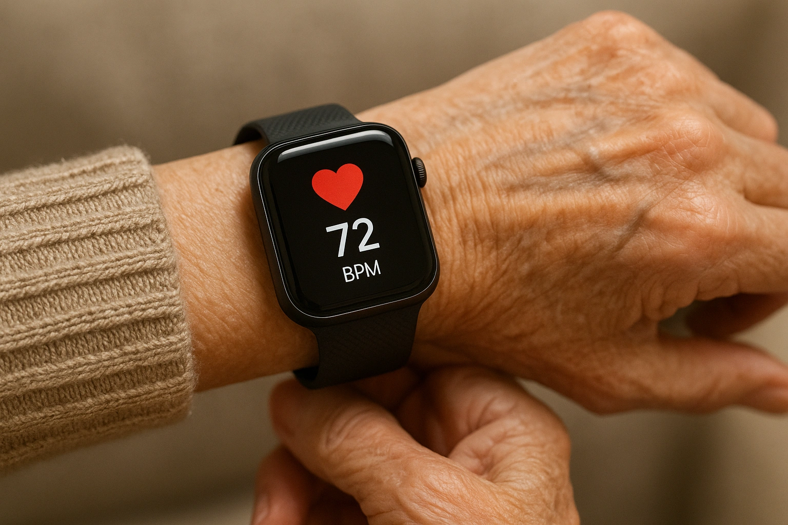 A close-up of a senior's wrist with a smartwatch displaying a heart rate, a key aging technology tool.
