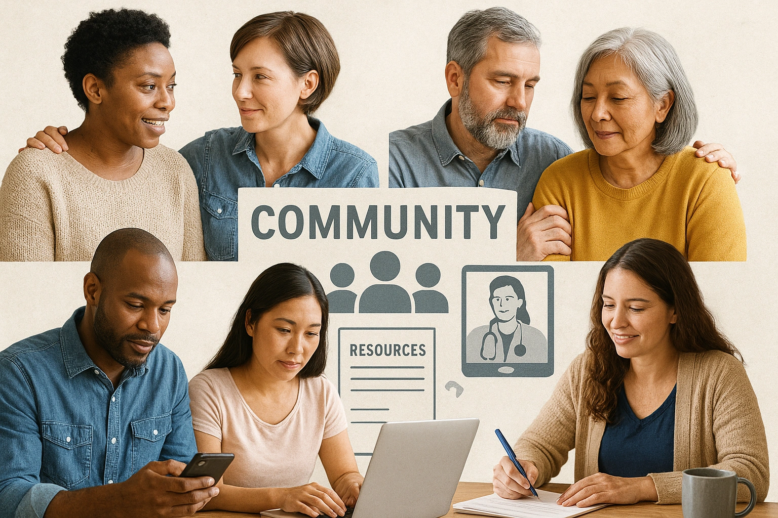 A collage of diverse caregivers finding support through community, technology, and resources.