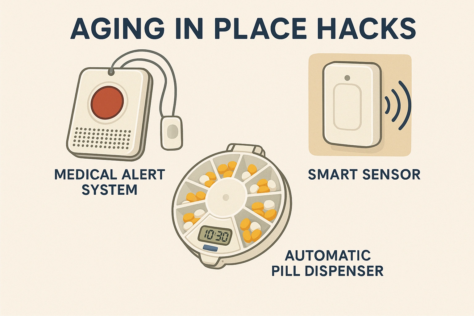 A collection of aging in place hacks, including a medical alert system, smart sensor, and automatic pill dispenser.
