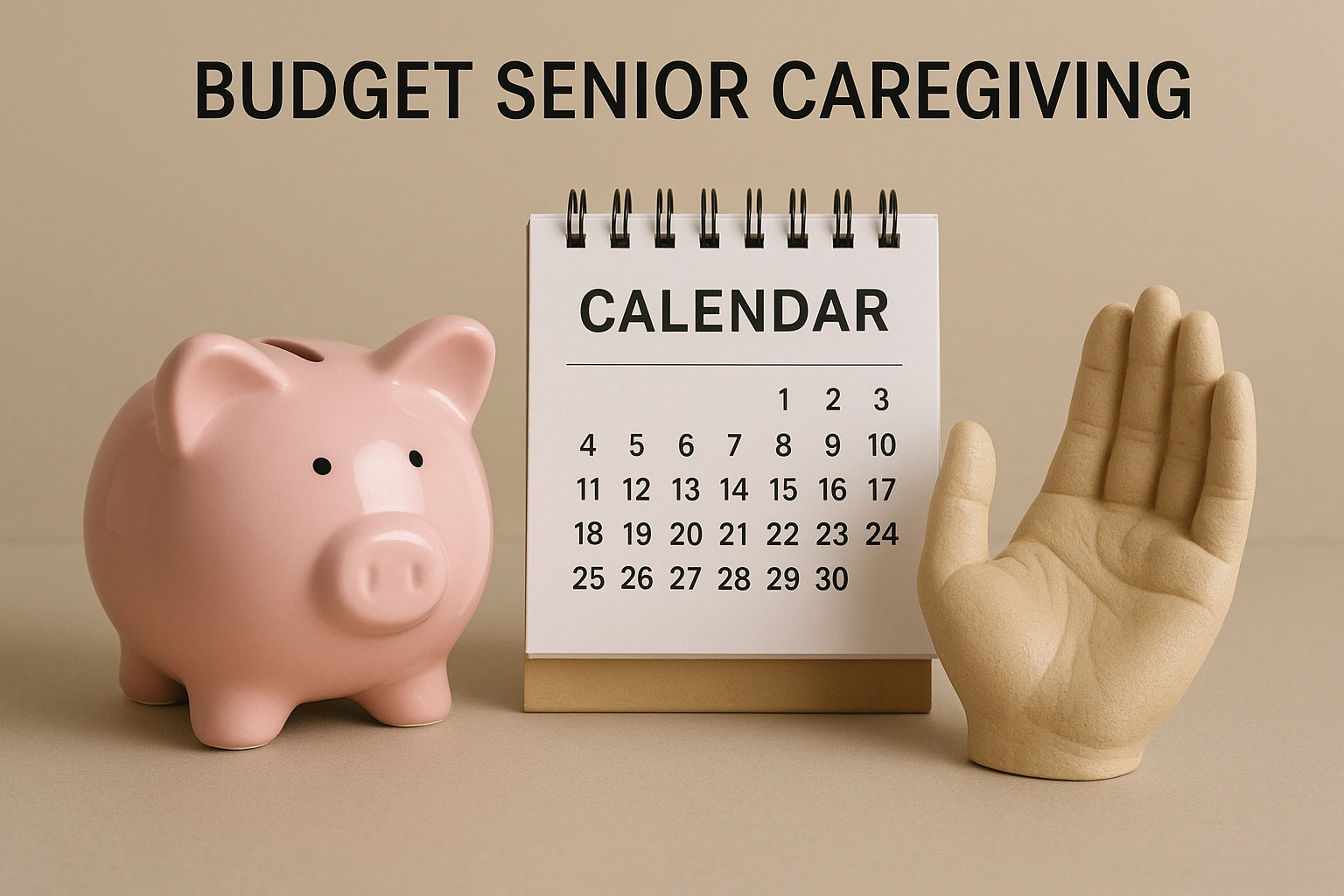 A collection of items representing budget senior caregiving a piggy bank, a calendar, and a helping hand.