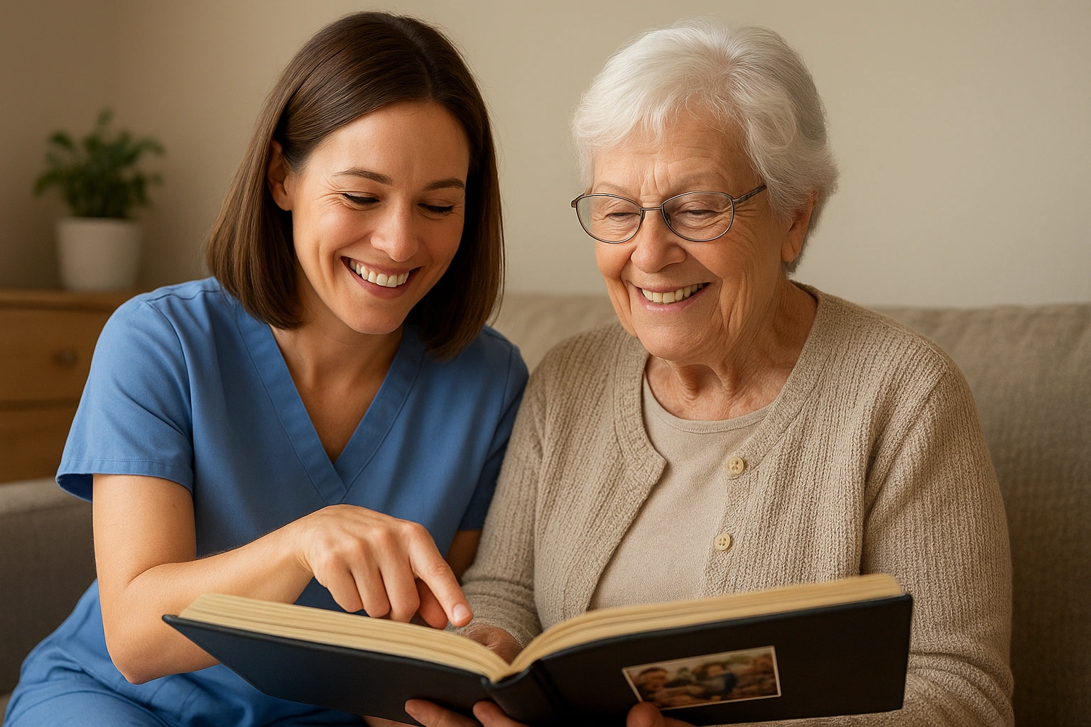 A compassionate caregiver and a senior woman smiling together while looking at a photo album, illustrating the personal nature of elderly home care in the US.