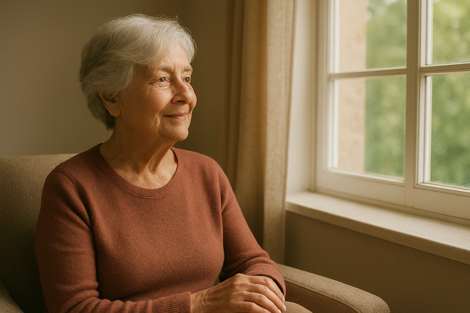A content and serene senior looking out a window from a comfortable home, illustrating emotional wellness.