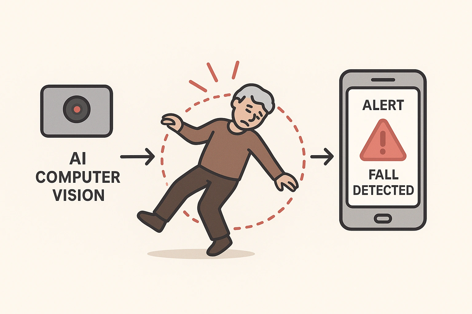 A diagram showing how an AI computer vision system detects a fall and sends an alert to a caregiver's phone.