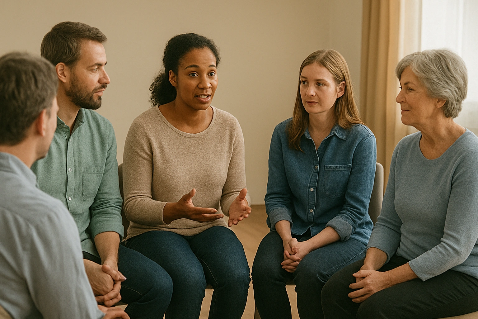 A diverse group of caregivers in a support group setting, sharing and listening with empathy.