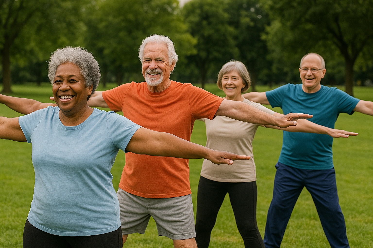A diverse group of seniors participating in a gentle outdoor fitness class, looking happy and energized.