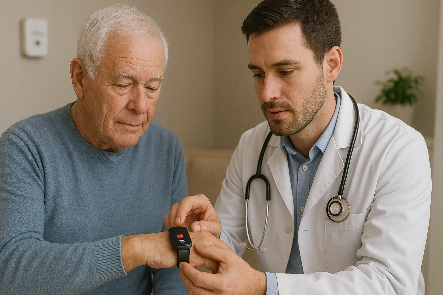 A doctor reviewing health monitoring devices seniors data from a smartwatch with a senior patient, an example of modern senior care tech.