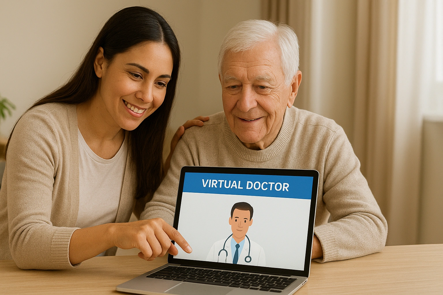 A family caregiver helping a senior set up for a virtual doctor visit on a laptop.