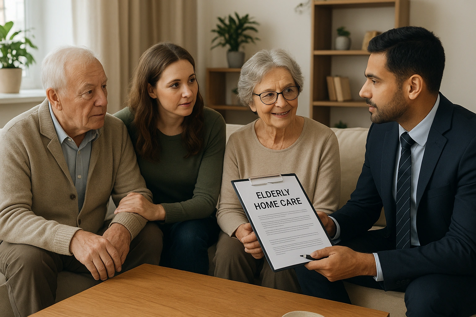 A family discussing elderly home care services with a professional consultant.
