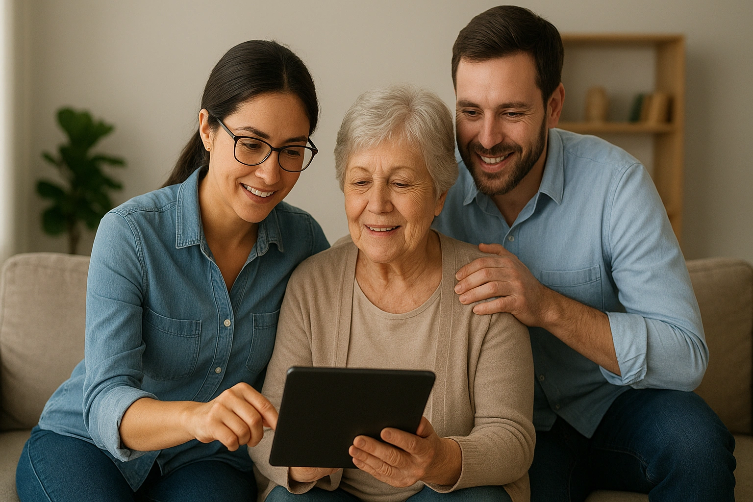 A family gathered around a tablet, learning how to use one of the caregiver support apps together.