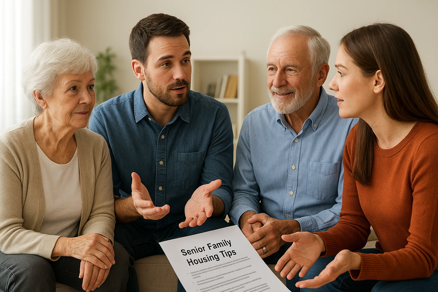 A family having a supportive and positive discussion about senior family housing tips.