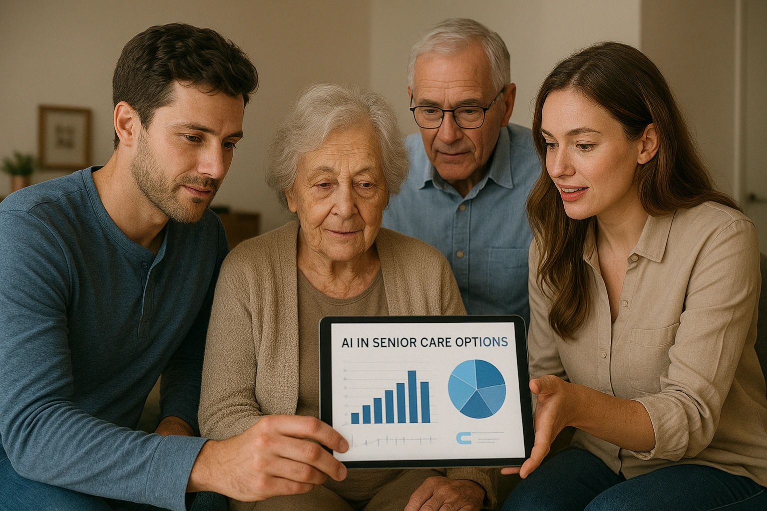 A family, including a senior, discussing AI in senior care options with a tablet showing data.