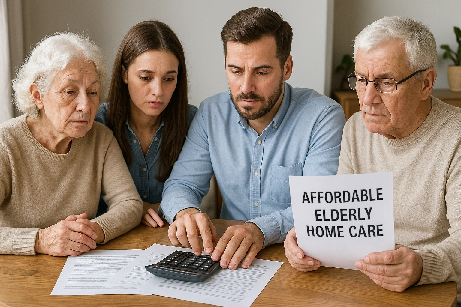 A family sitting at a table with a calculator and documents, planning for affordable elderly home care.