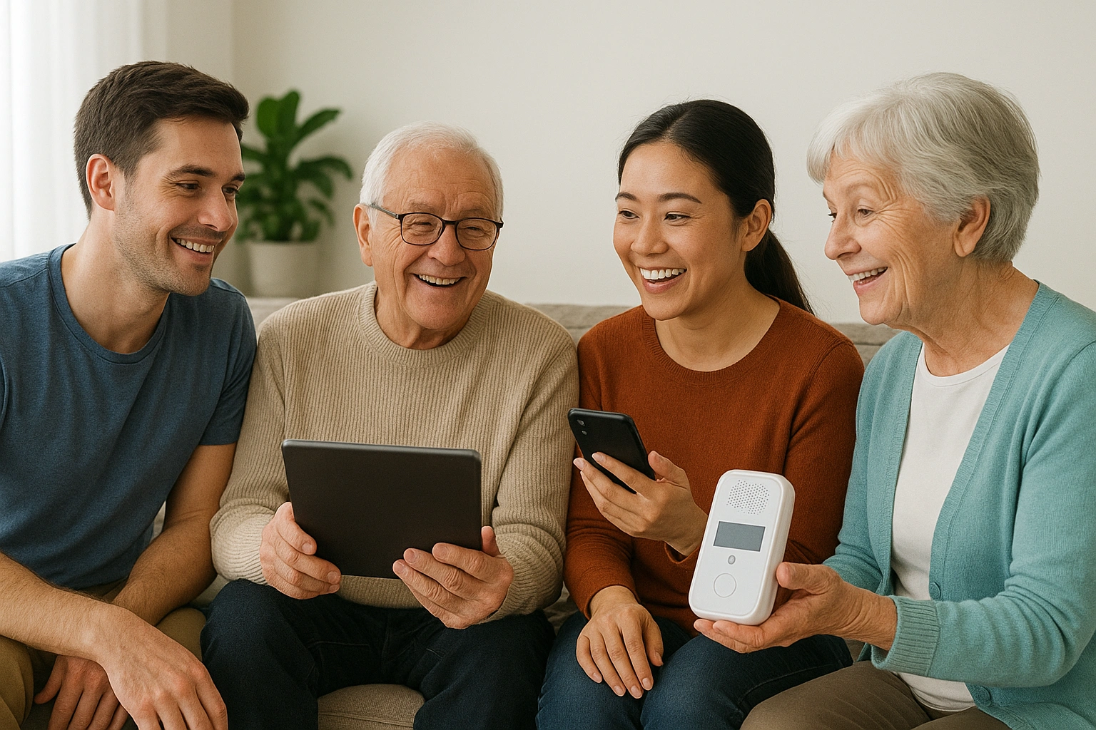 A family sitting together, including a senior, happily discussing different senior care tech options.