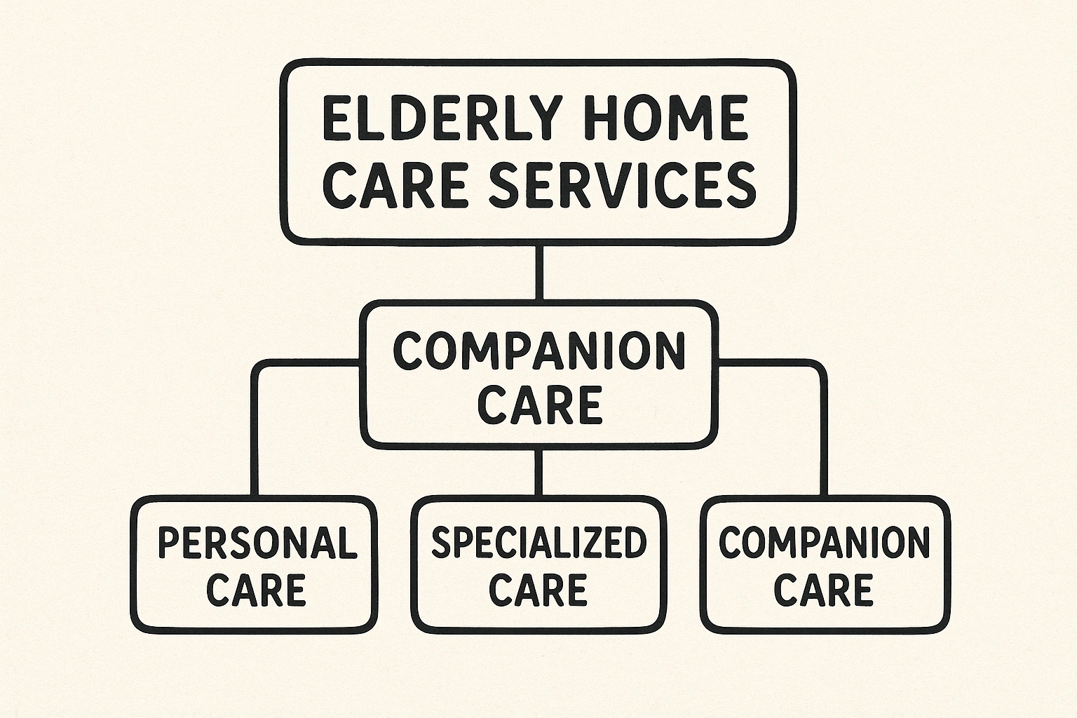 A flowchart diagram showing the different levels of elderly home care services, from companion care to personal and specialized care, helping families in the US choose the right option.
