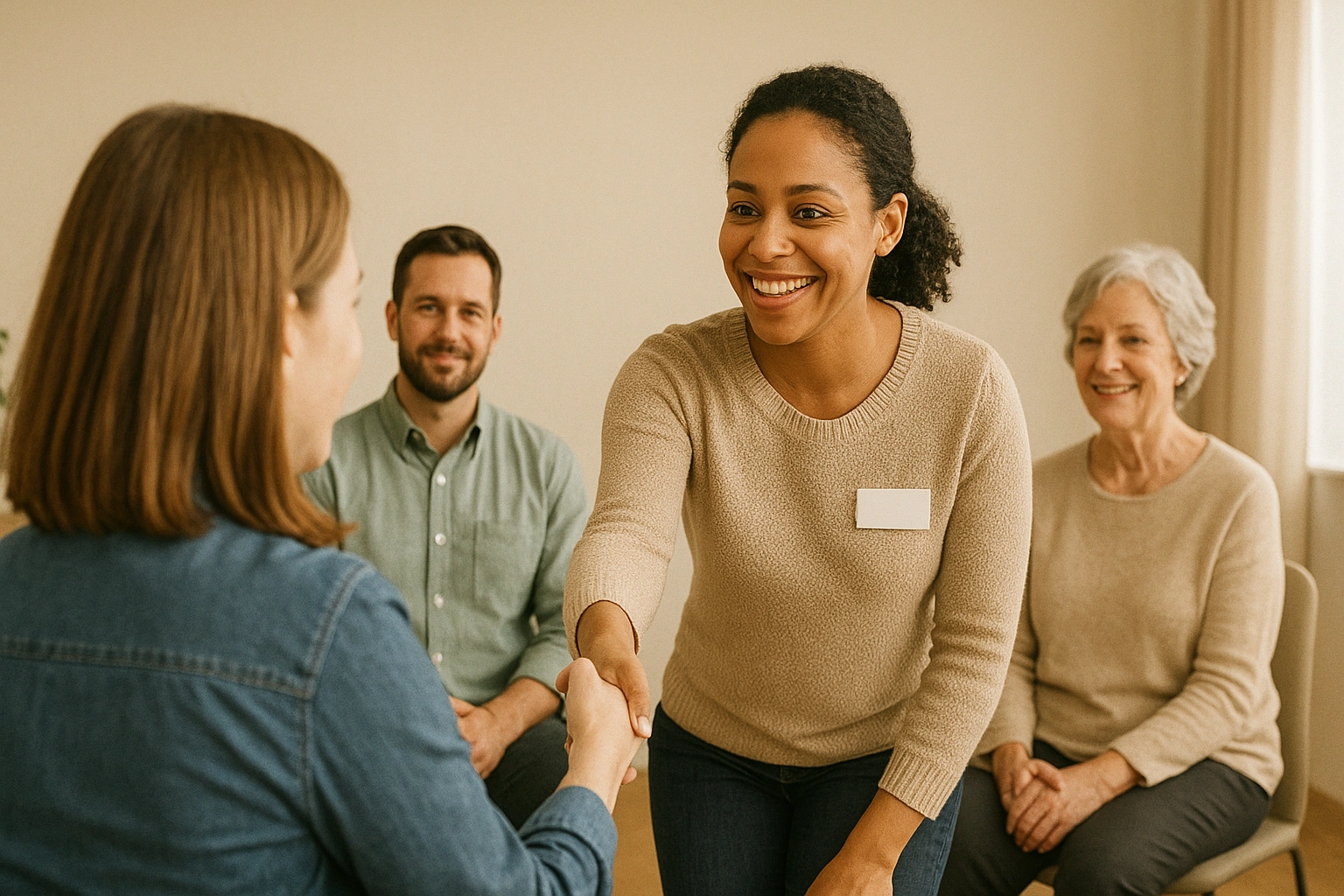 A friendly and professional support group facilitator welcoming a new member, representing good family caregiving help.