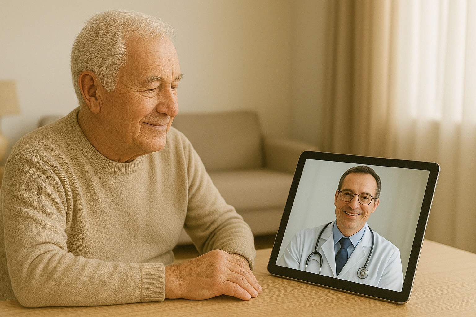 A friendly doctor on a tablet screen consulting with a senior patient who is sitting comfortably at home.