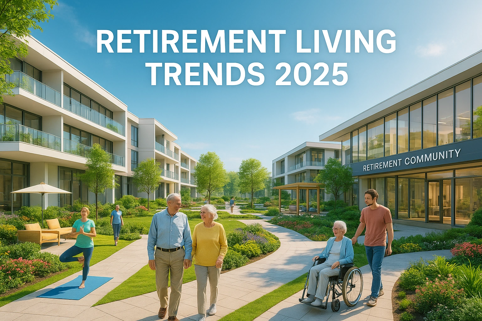 A futuristic and bright image of a modern retirement community, illustrating the retirement living trends 2025.