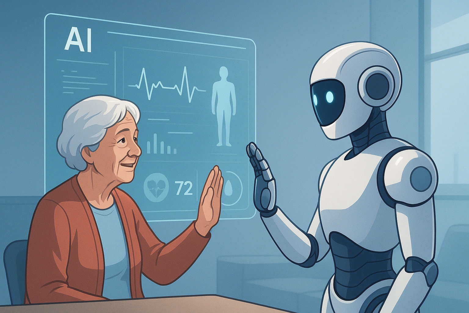 A futuristic image showing an AI interface with health data and a supportive robot interacting with a senior.