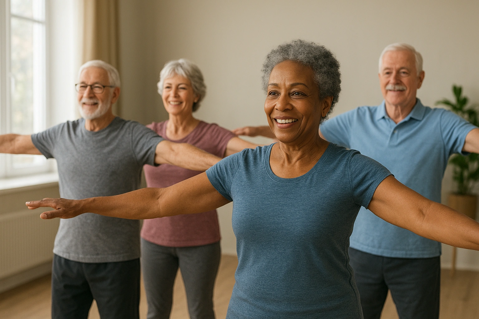 A group of older adults demonstrating healthy aging advice by participating in a wellness activity.