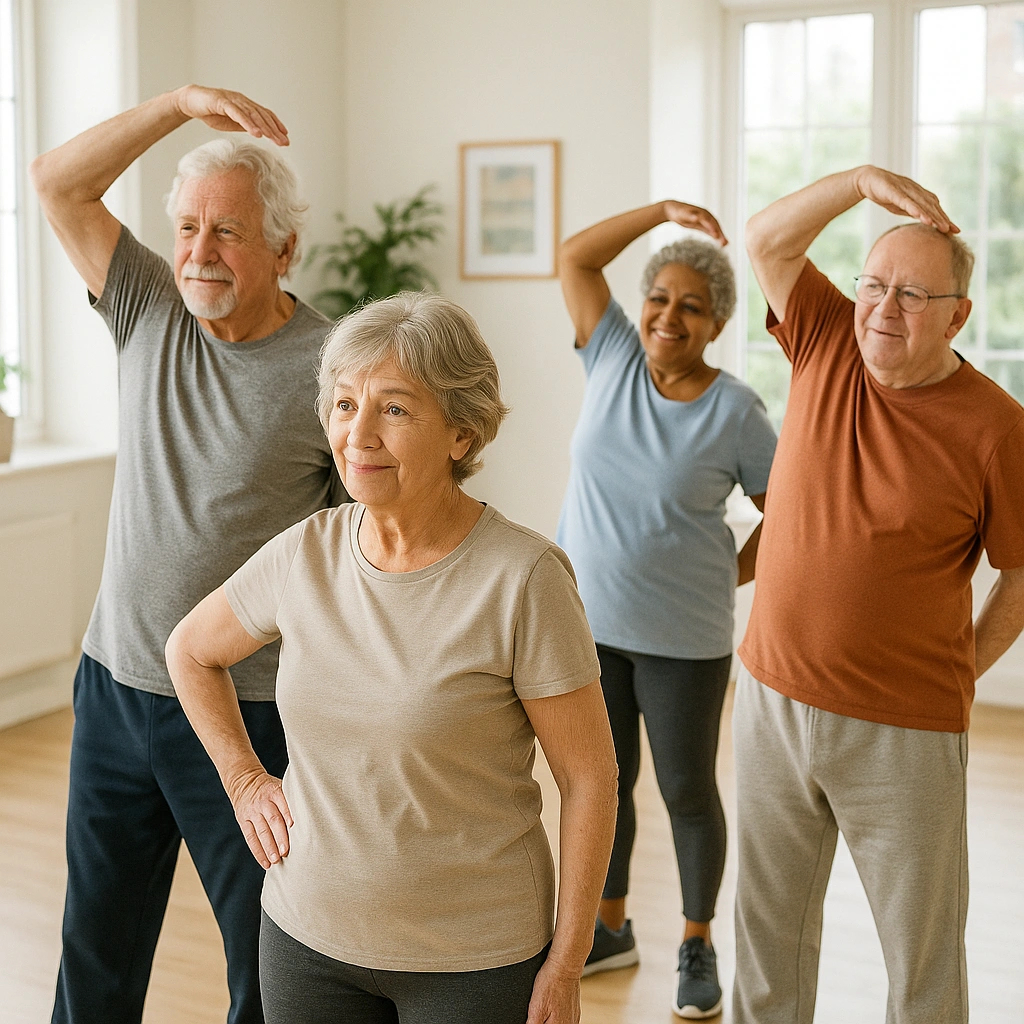 A group of older adults performing gentle stretches in a bright, welcoming room, an important senior exercise tip.