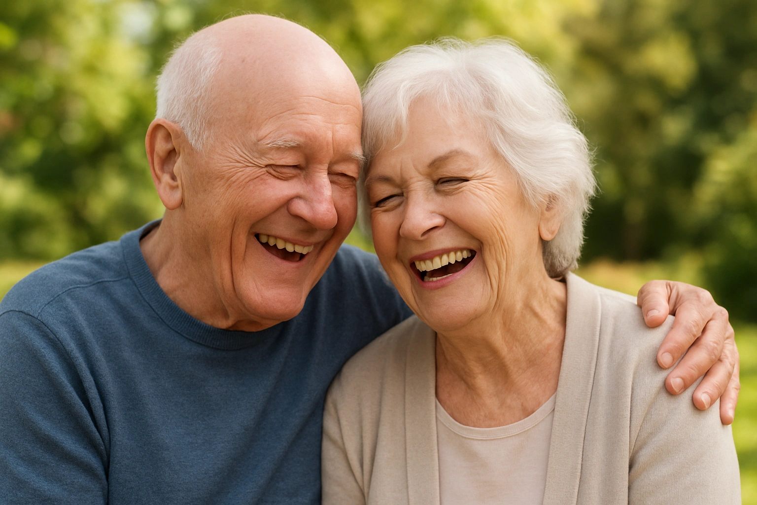 A happy senior couple enjoying a simple, joyful moment, representing an affordable and happy retirement.