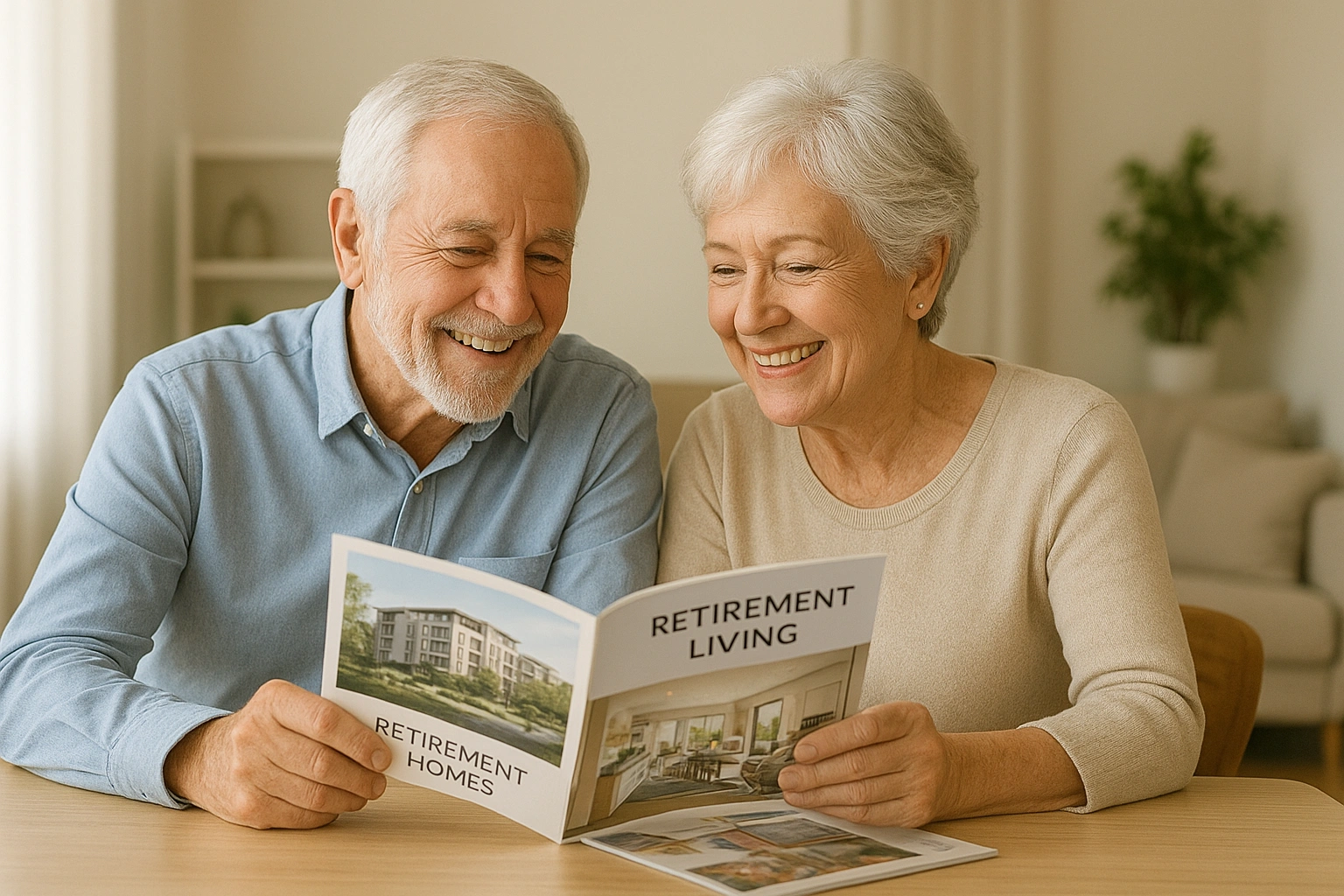 A happy senior couple looking over brochures and planning their retirement living future together.