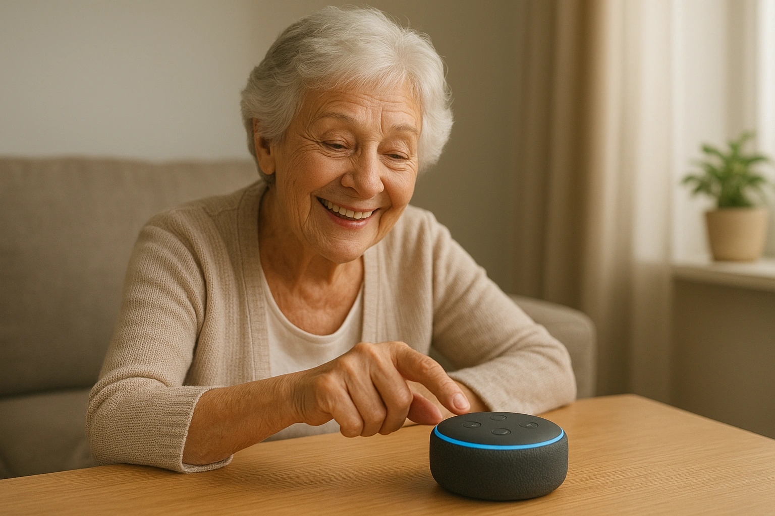 A happy senior using a smart speaker in their living room, representing affordable aging technology.