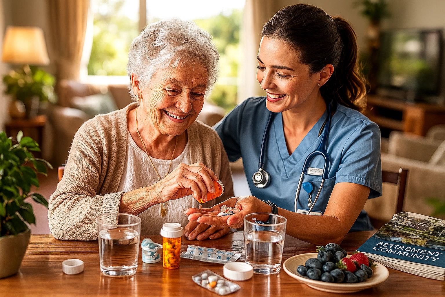 A kind caregiver helping a senior woman with her medication, illustrating the support in assisted living.