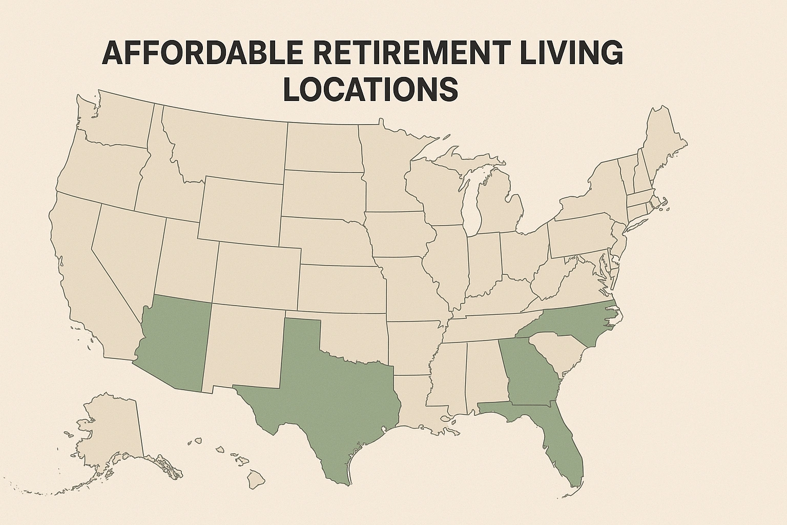 A map of the United States with several states highlighted, representing affordable retirement living locations.