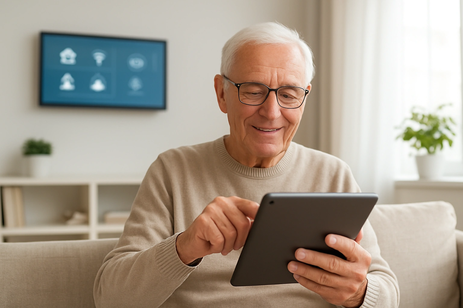 A modern and bright image of a senior comfortably using a tablet in a smart home, representing aging technology tools.