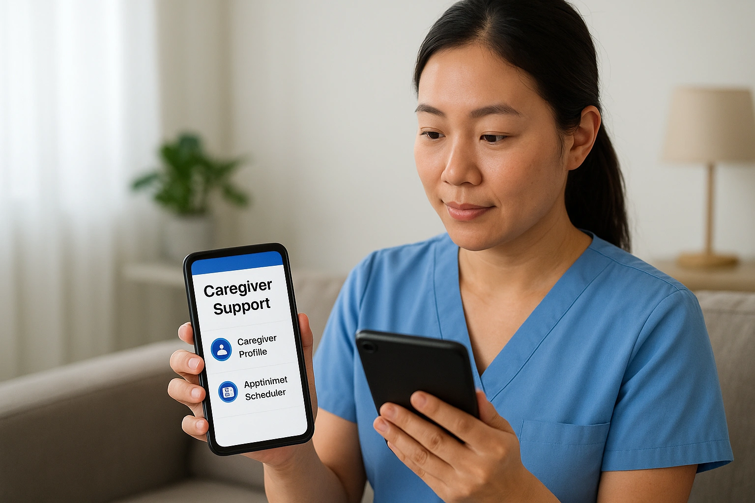 A modern image showing a caregiver using a smartphone and tablet to manage care, illustrating caregiver support apps.