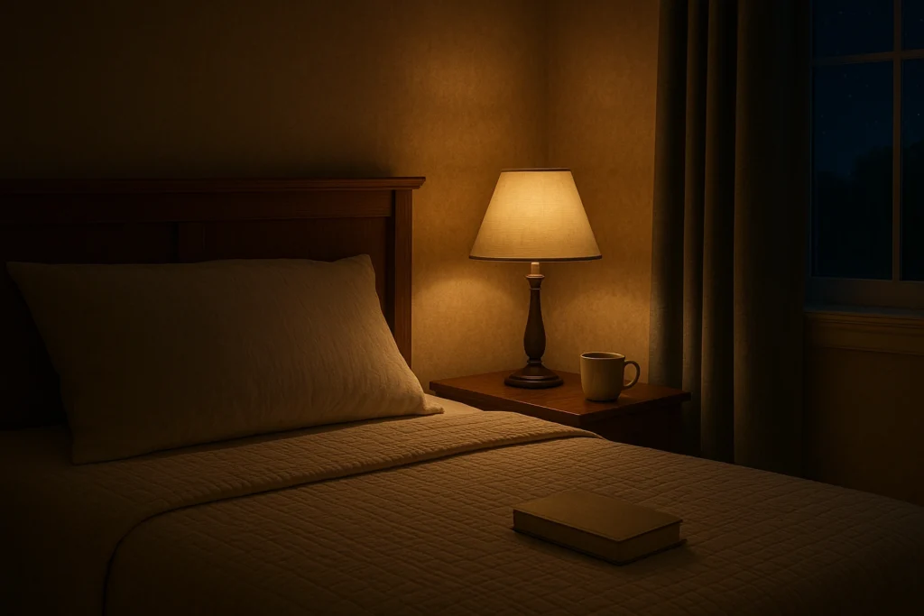 A peaceful bedroom for seniors at night with a cozy bed, soft lighting, a book and cup of tea on the bedside table, illustrating restful sleep and sleep tips for seniors.