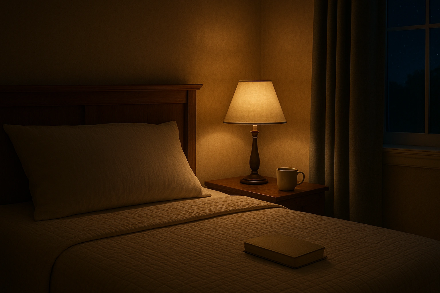 A peaceful bedroom for seniors at night with a cozy bed, soft lighting, a book and cup of tea on the bedside table, illustrating restful sleep and sleep tips for seniors.