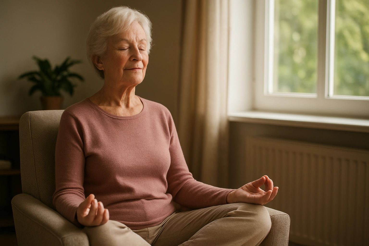A peaceful senior meditating in a chair by a window, demonstrating an expert mental health tips for elderly emotional wellness.